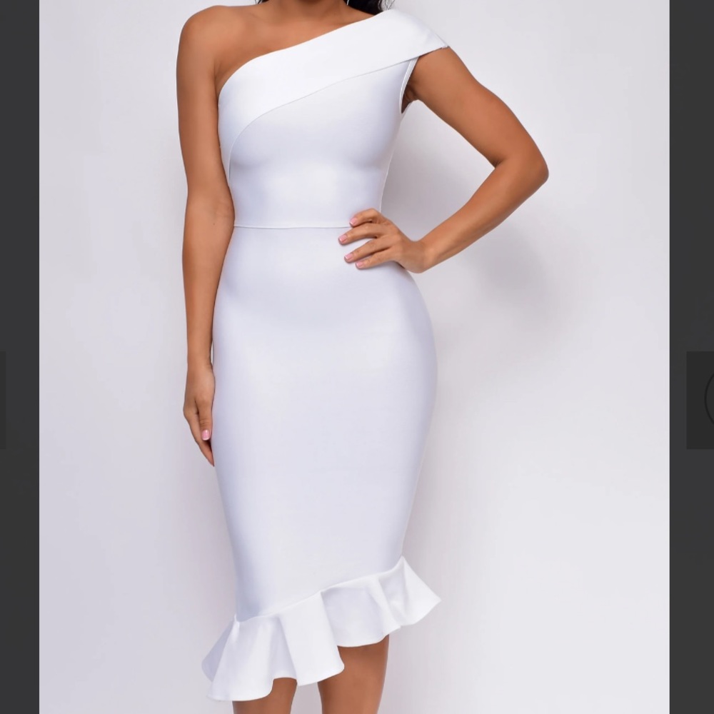 Bostyn White One Shoulder Fluted Bandage Dress